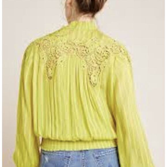 Anthropologie Yellow Green Lace Long Sleeve Blouse - Picture 5 of 5